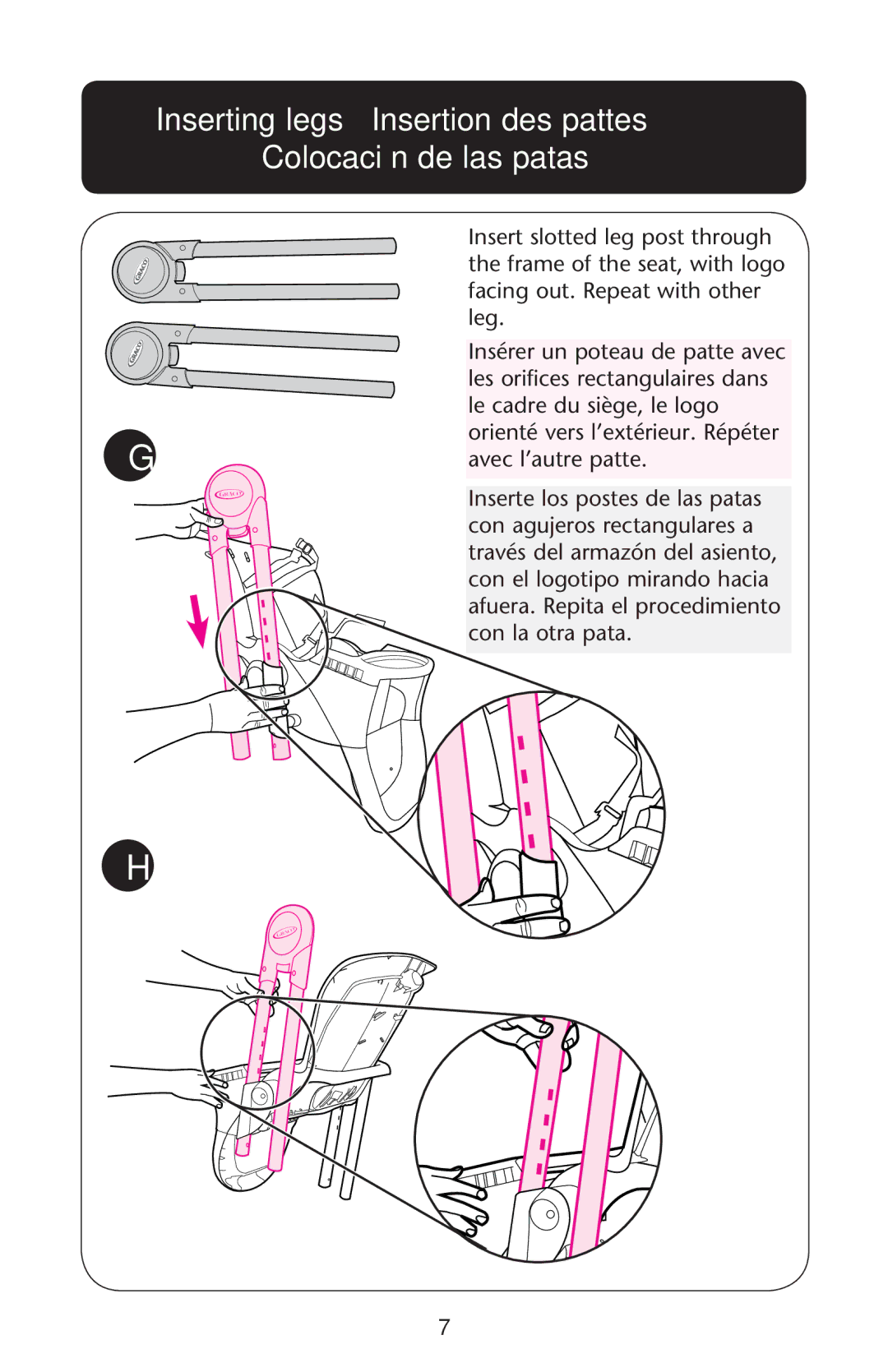 Graco PD162118B manual Inserting legs Insertion des pattes Colocación de las patas 
