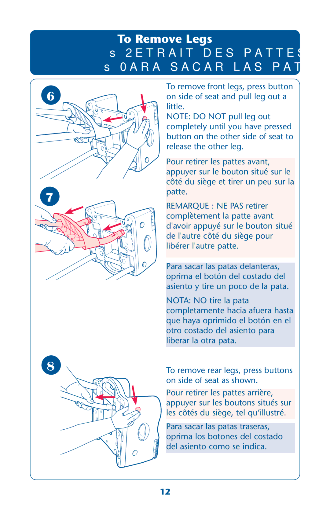 Graco PD162120B owner manual To Remove Legs, Ss2ETRAITRDESEPATTES ss0ARA Sacarclasapatas 