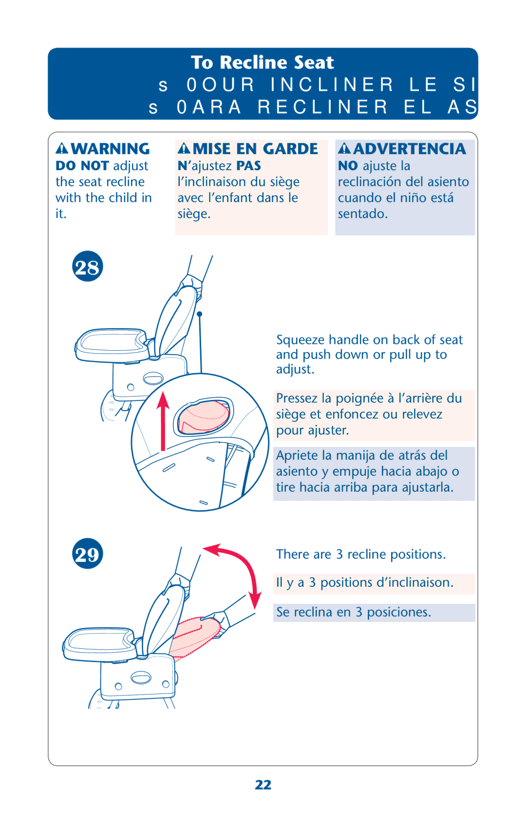 Graco PD162120B owner manual To Recline Seat, Mise EN Garde Advertencia 