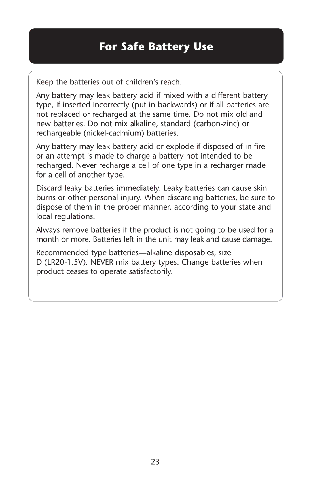 Graco PD162126B owner manual For Safe Battery Use 