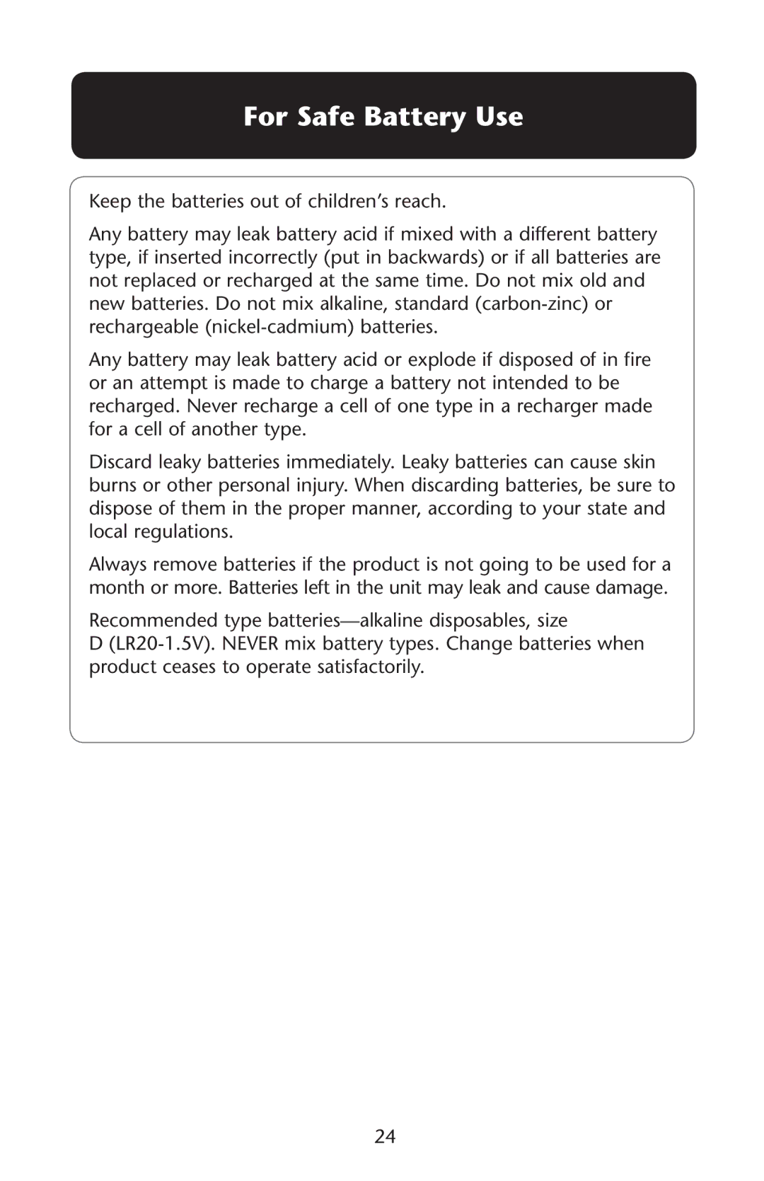 Graco PD162159B owner manual For Safe Battery Use 