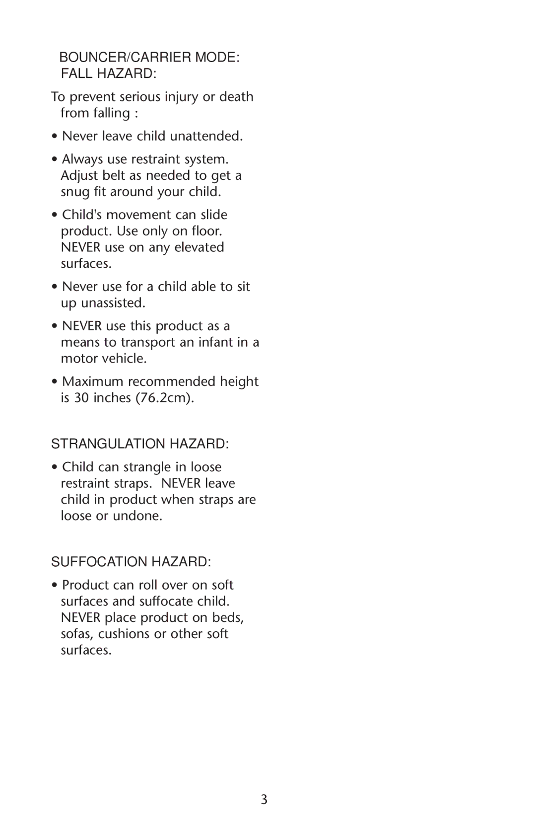 Graco PD162173B owner manual BOUNCER/CARRIER Mode Fall Hazard, Suffocation Hazard 