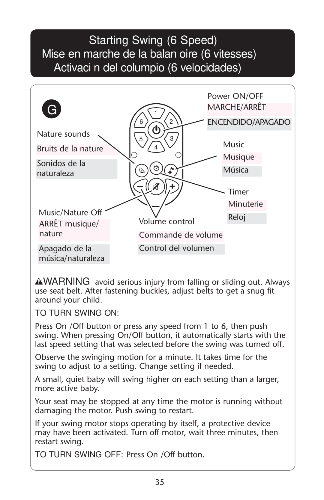 Graco PD162173B owner manual Marche/Arrêt, To Turn Swing on 