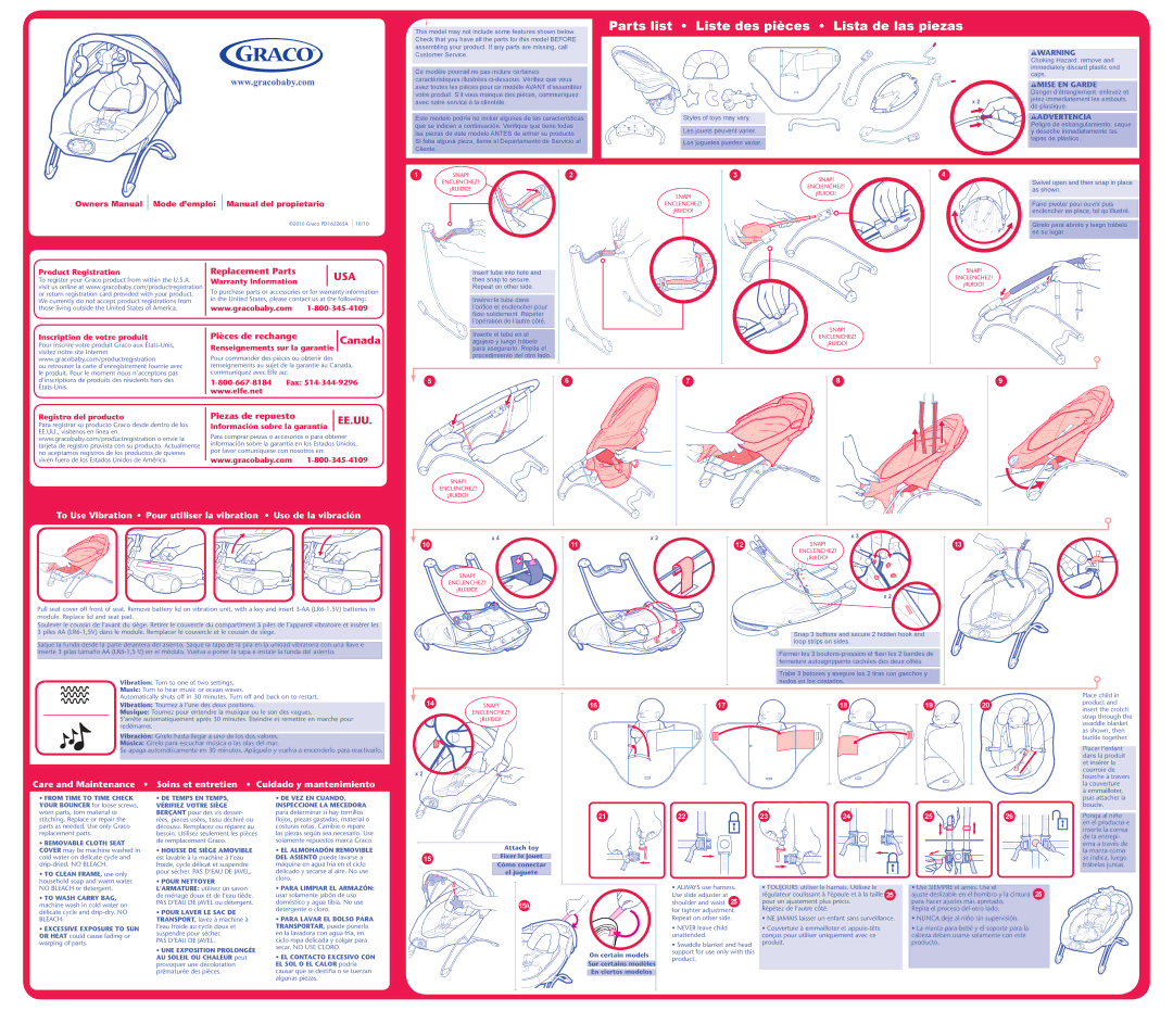 Graco PD162265A owner manual From Time to Time Check, Removable Cloth Seat, DE Temps EN Temps, Vérifiez Votre Siège 