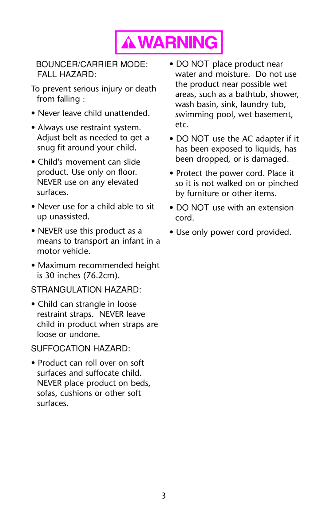 Graco PD162302B owner manual BOUNCER/CARRIER Mode Fall Hazard, Suffocation Hazard 