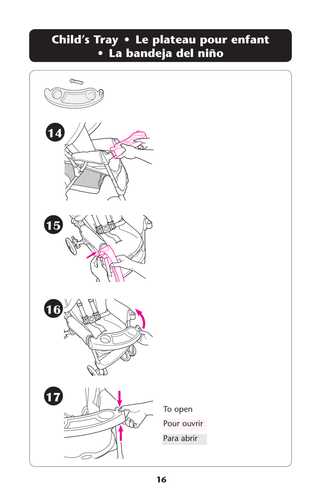 Graco PD162492A owner manual Child’s Tray Le plateau pour enfant La bandeja del niño 