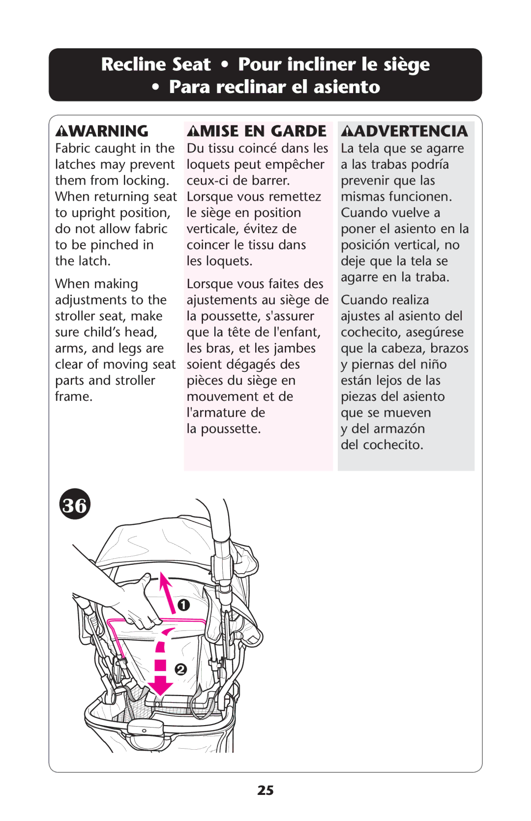 Graco PD162492A owner manual Recline Seat Pour incliner le siège Para reclinar el asiento 