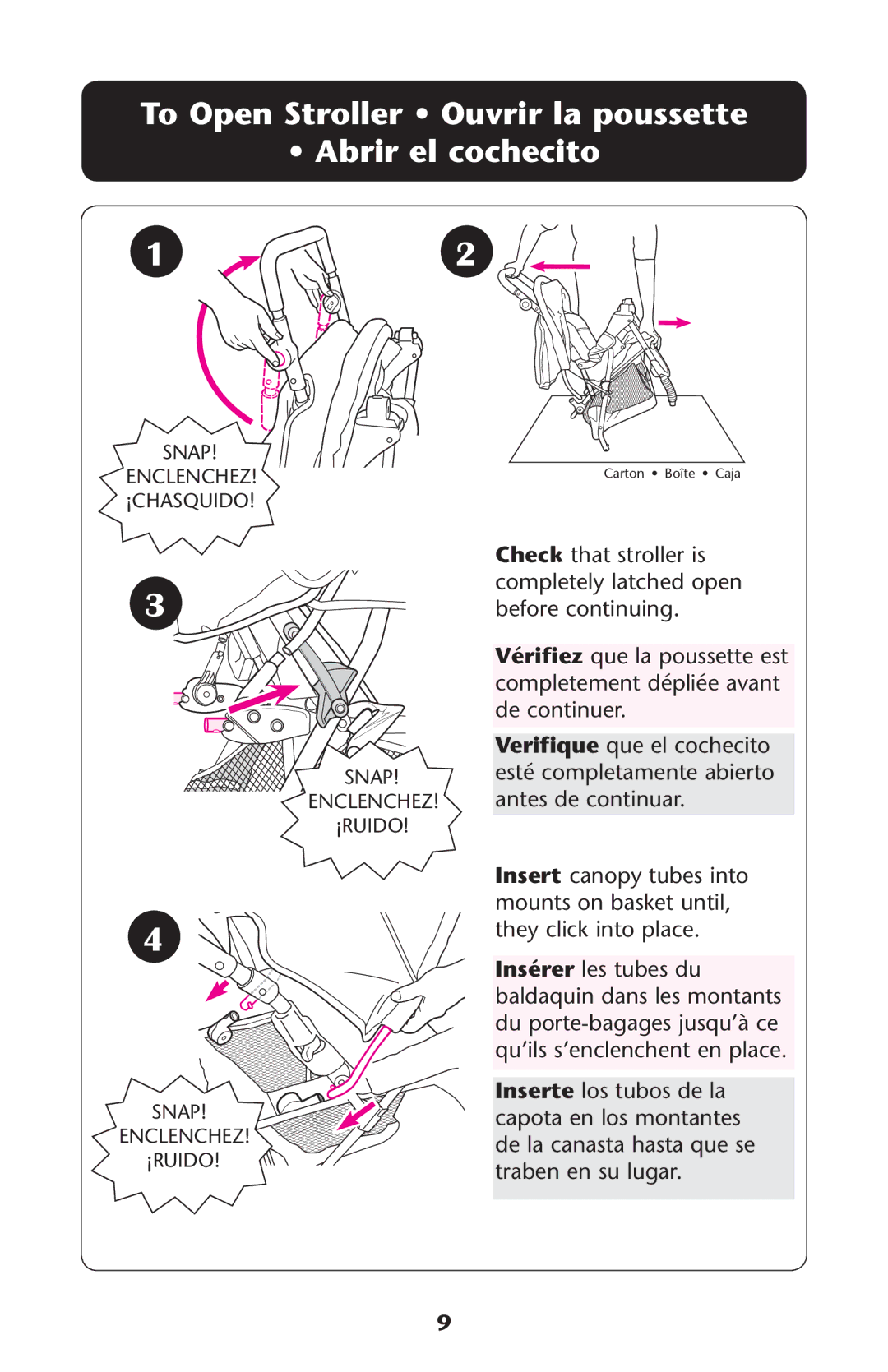 Graco PD162492A owner manual To Open Stroller Ouvrir la poussette Abrir el cochecito 