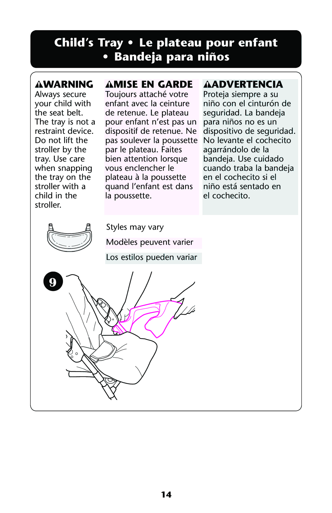 Graco PD162496B 11 owner manual Child’s Tray Le plateau pour enfant Bandeja para niños 