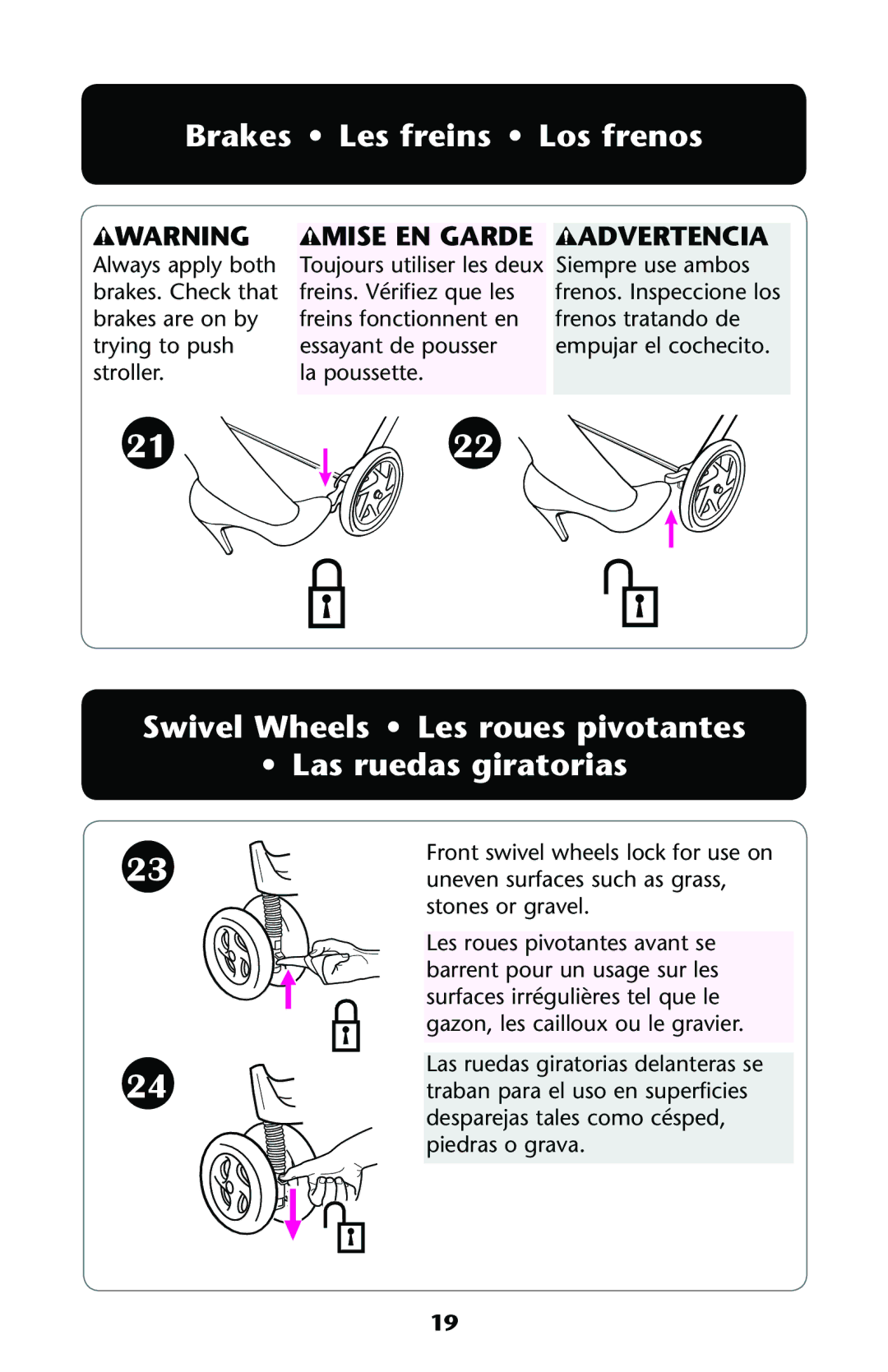 Graco PD162496B 11 owner manual Brakes Les freins Los frenos, Swivel Wheels Les roues pivotantes Las ruedas giratorias 