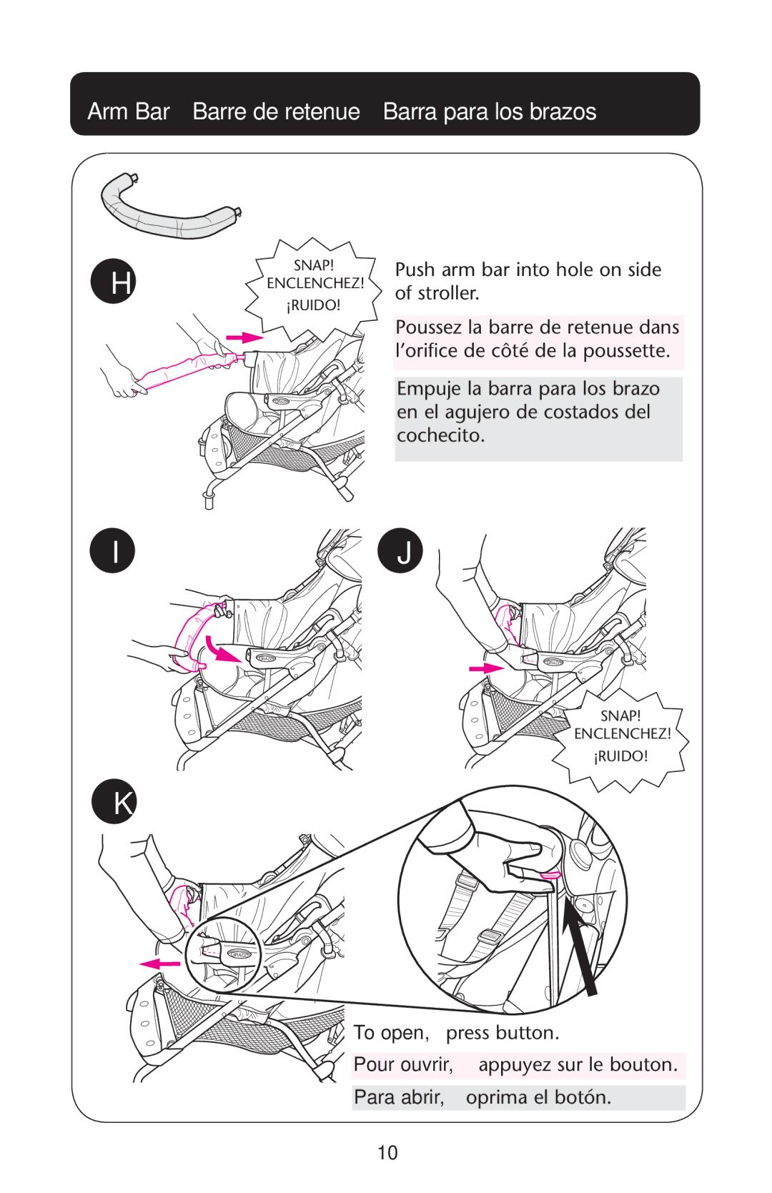 Graco PD162498A owner manual Arm Bar Barre de retenue Barra para los brazos 