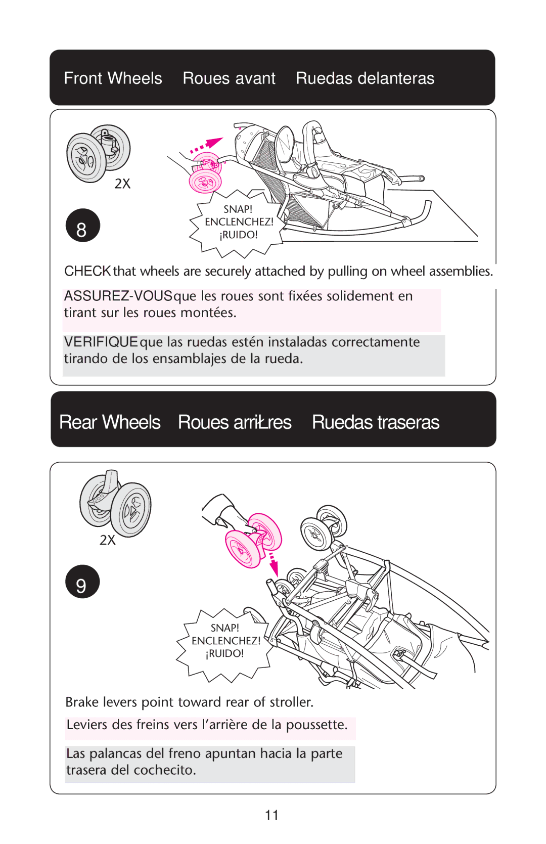 Graco PD162498A owner manual Rear Wheels Roues arrières Ruedas traseras, Front Wheels Roues avant Ruedas delanteras 