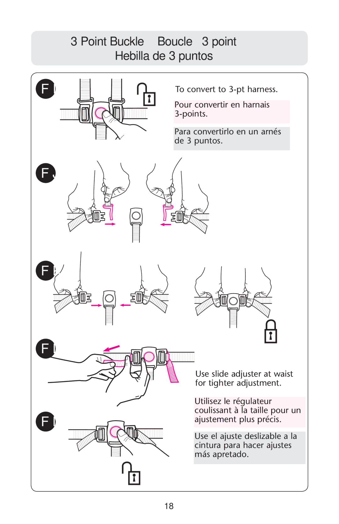 Graco PD162498A owner manual Point Buckle Boucle à 3 point Hebilla de 3 puntos 