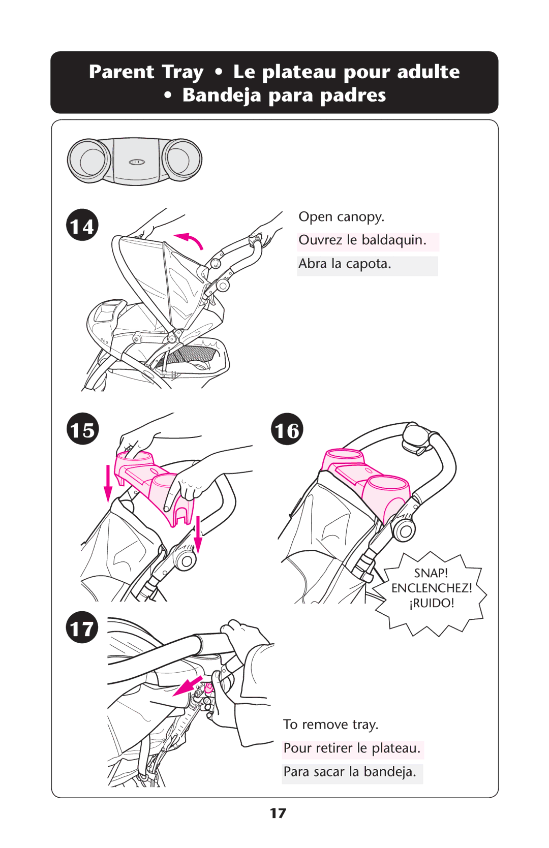 Graco PD162503A owner manual Parent Tray Le plateau pour adulte Bandeja para padres 