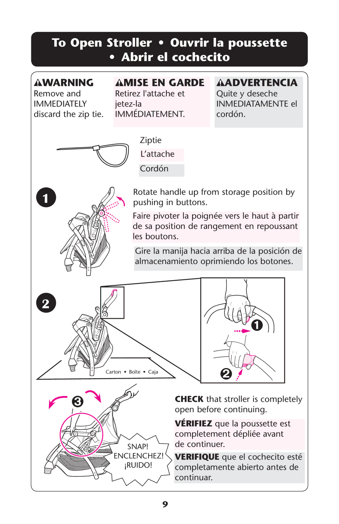 Graco PD162503A owner manual To Open Stroller Ouvrir la poussette Abrir el cochecito, Mise EN Garde Advertencia 