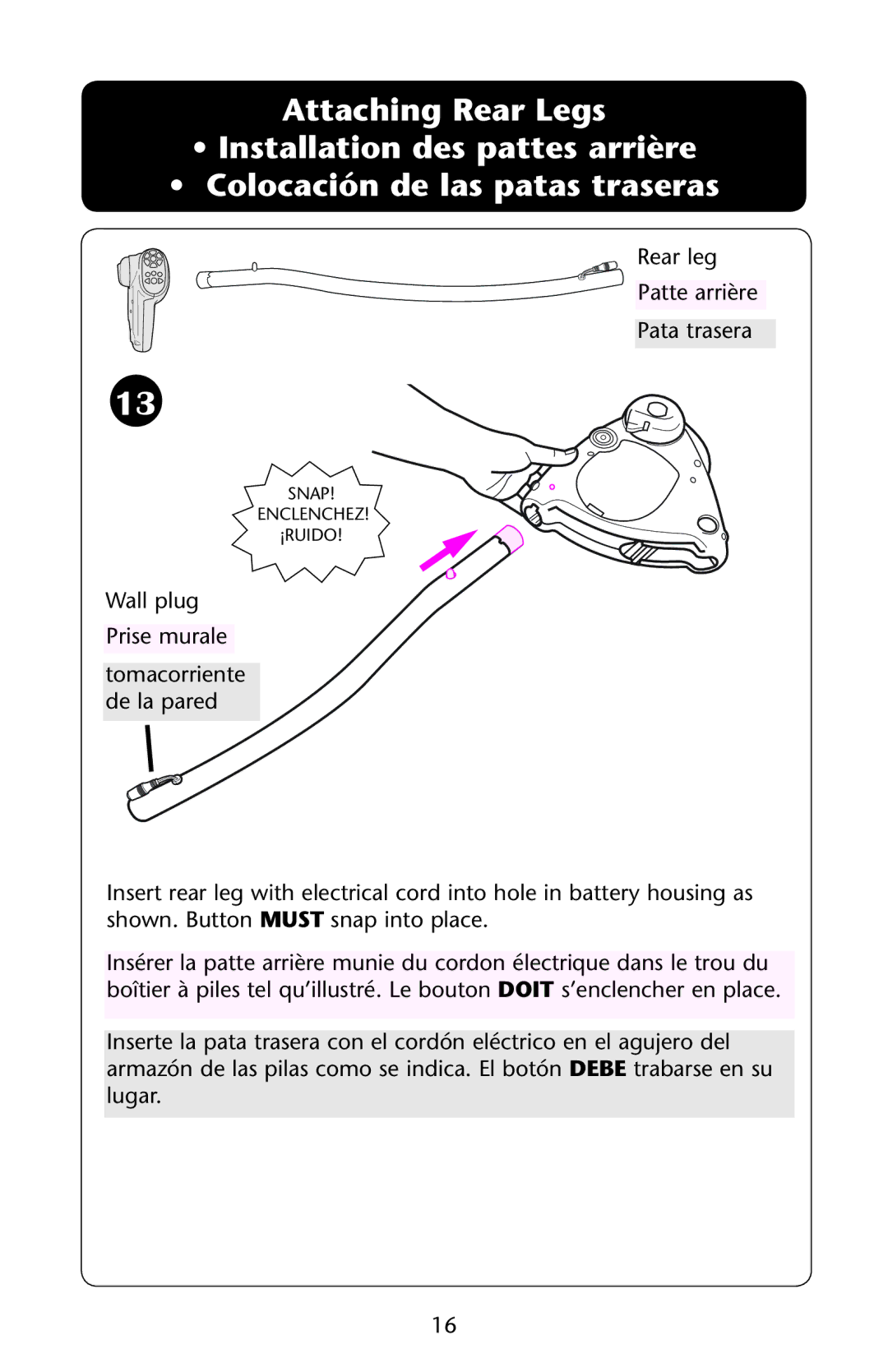 Graco PD162824A owner manual Rear leg Patte arrière Pata trasera 