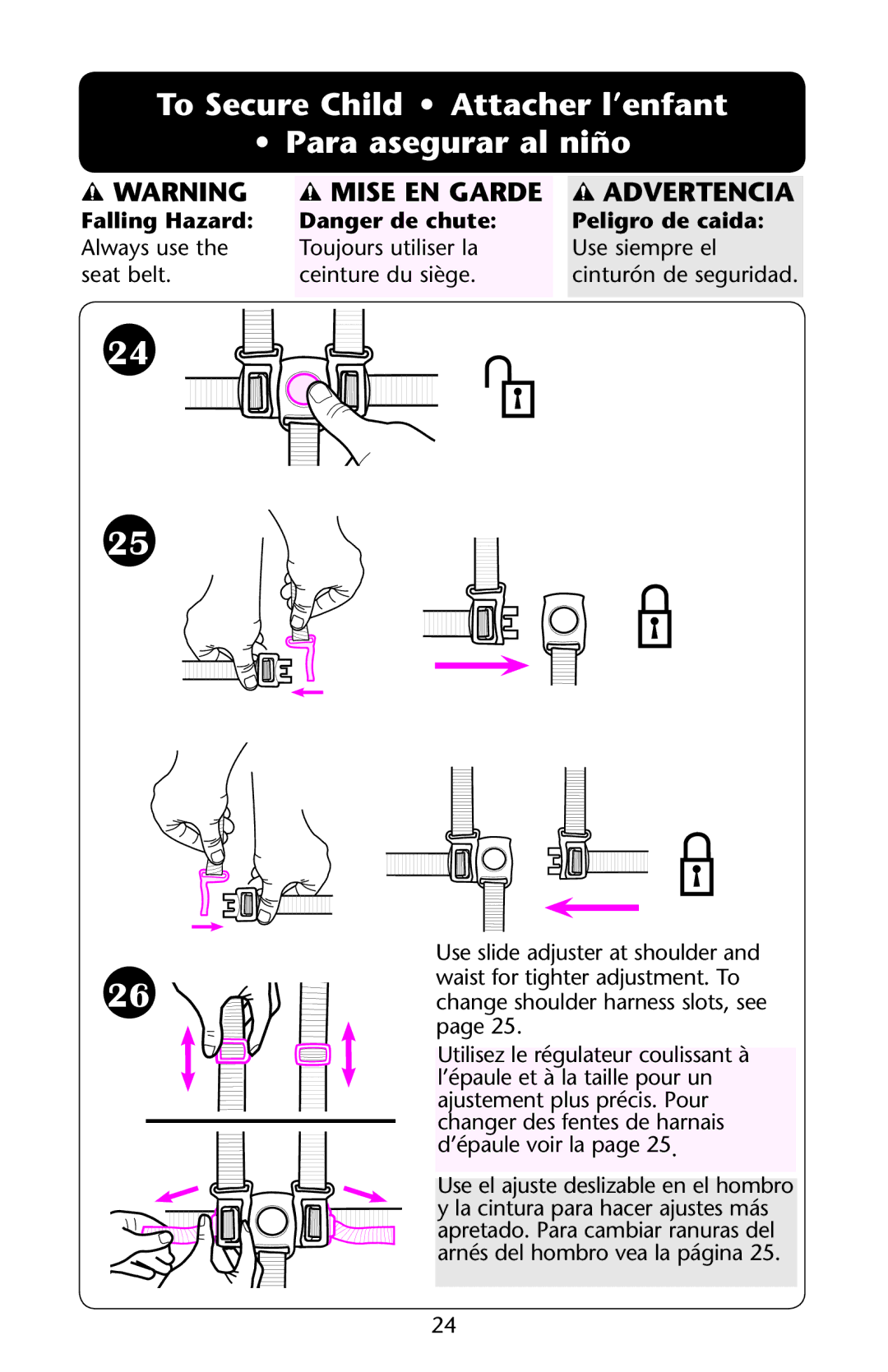 Graco PD162824A owner manual To Secure Child Attacher l’enfant Para asegurar al niño, Mise EN Garde Advertencia 