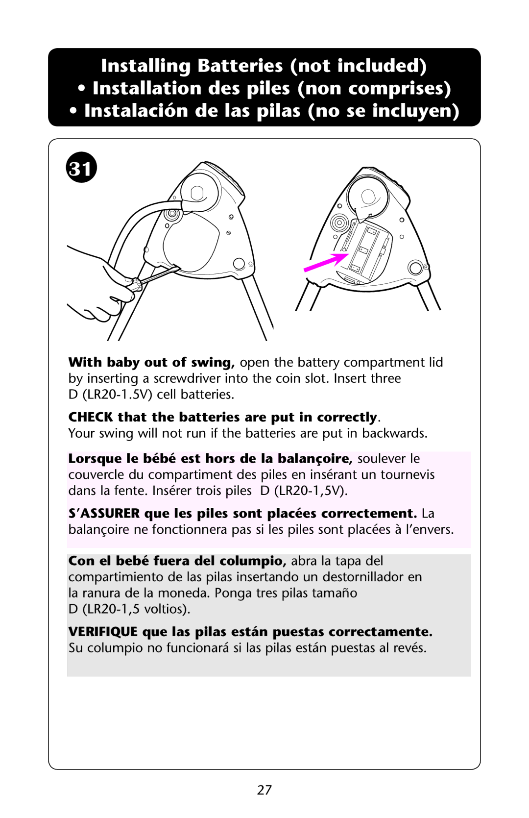 Graco PD162824A owner manual Check that the batteries are put in correctly 