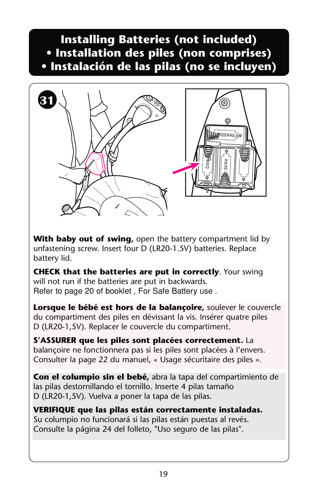 Graco PD162884A owner manual Refer to page 20 of booklet, For Safe Battery use 