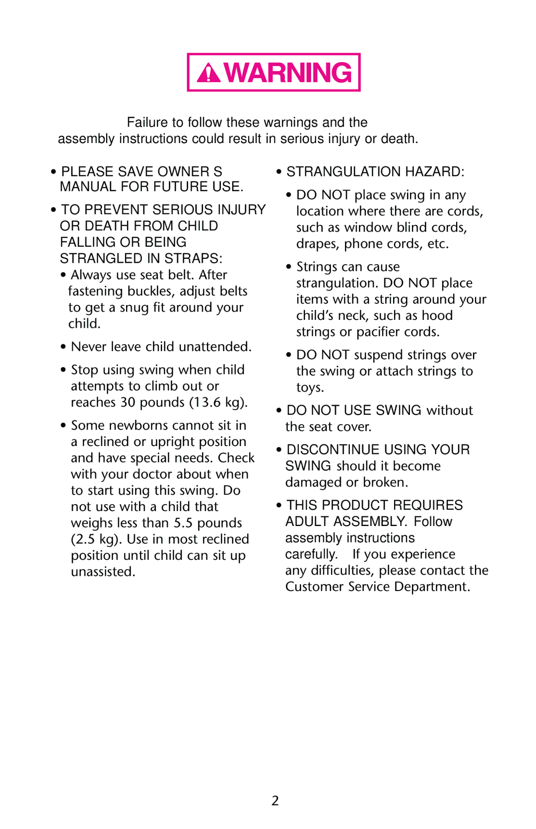 Graco PD162884A owner manual Strangulation Hazard 