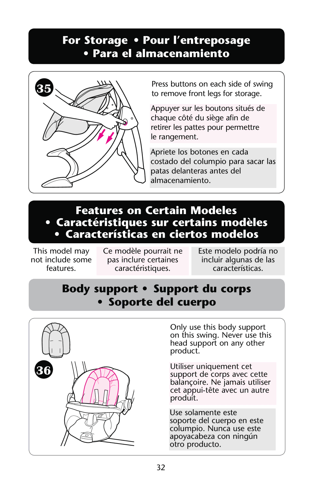 Graco PD162884A For Storage Pour l’entreposage Para el almacenamiento, Body support Support du corps Soporte del cuerpo 