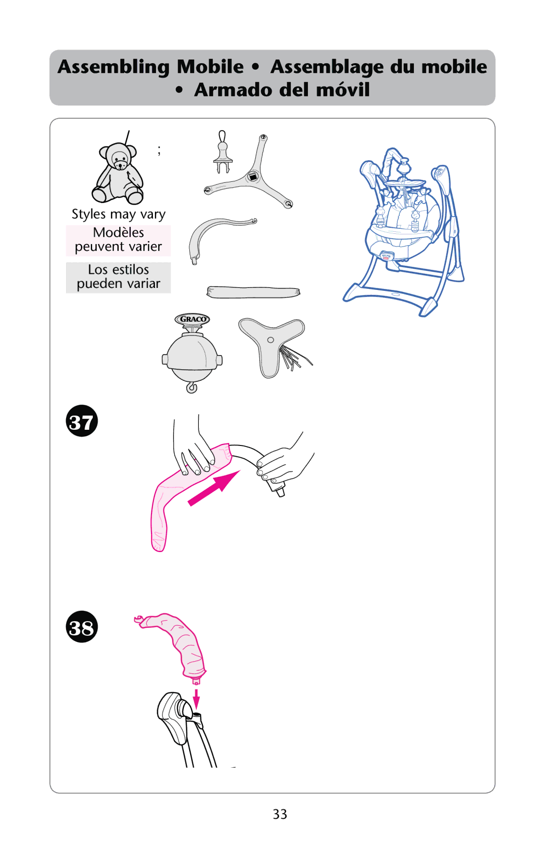 Graco PD162884A owner manual Assembling Mobile Assemblage du mobile Armado del móvil 