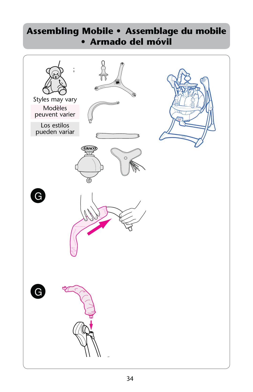 Graco PD162884B 1/11 owner manual Assembling Mobile Assemblage du mobile Armado del móvil 