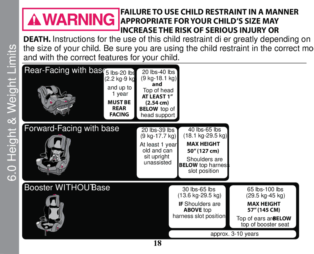 Graco PD163434A owner manual Height & Weight Limits 