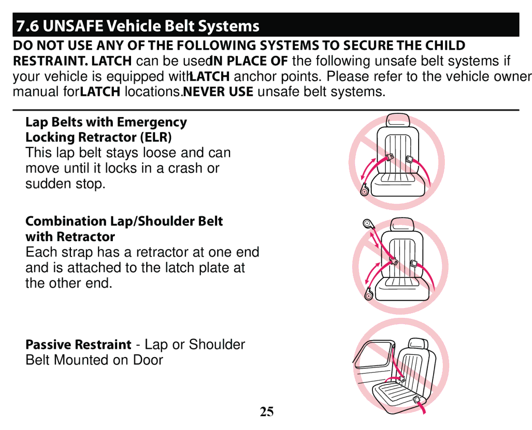 Graco PD163434A owner manual Unsafe Vehicle Belt Systems, Lap Belts with Emergency Locking Retractor ELR 