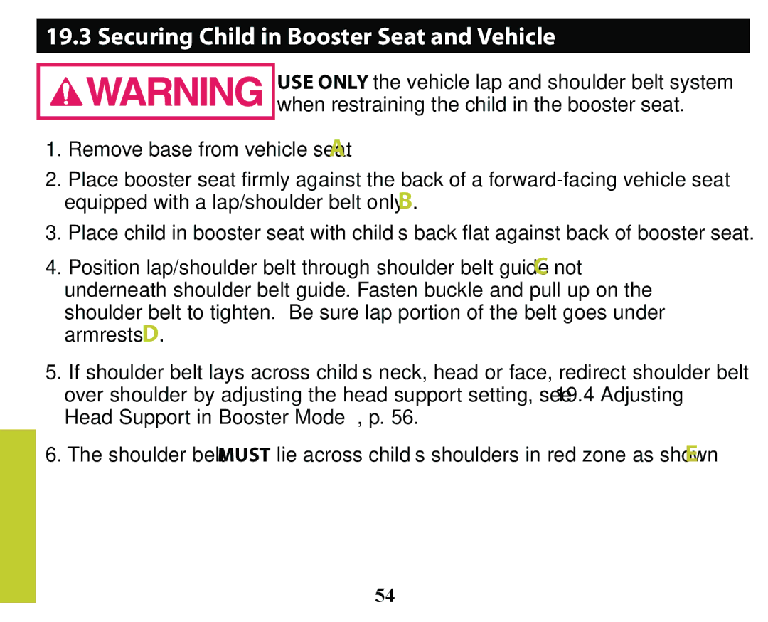 Graco PD163434A owner manual Securing Child in Booster Seat and Vehicle, Head Support in Booster Mode , p 