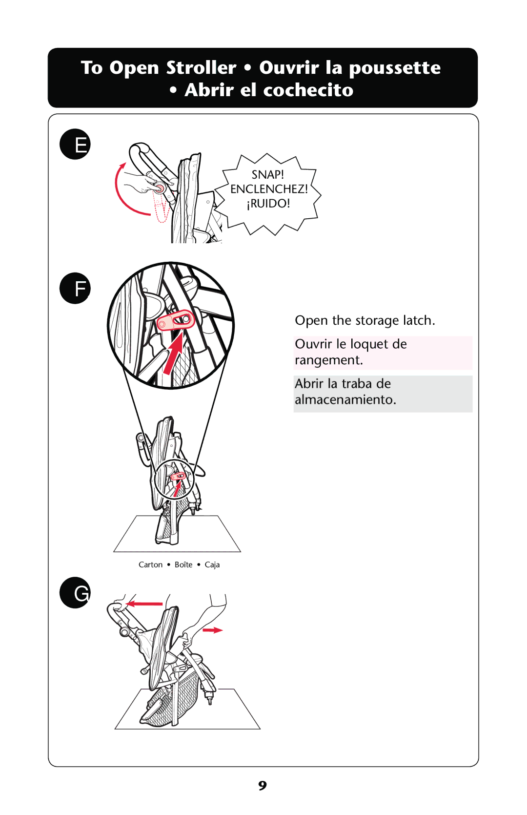 Graco PD167532A owner manual To Open Stroller Ouvrir la poussette Abrir el cochecito 