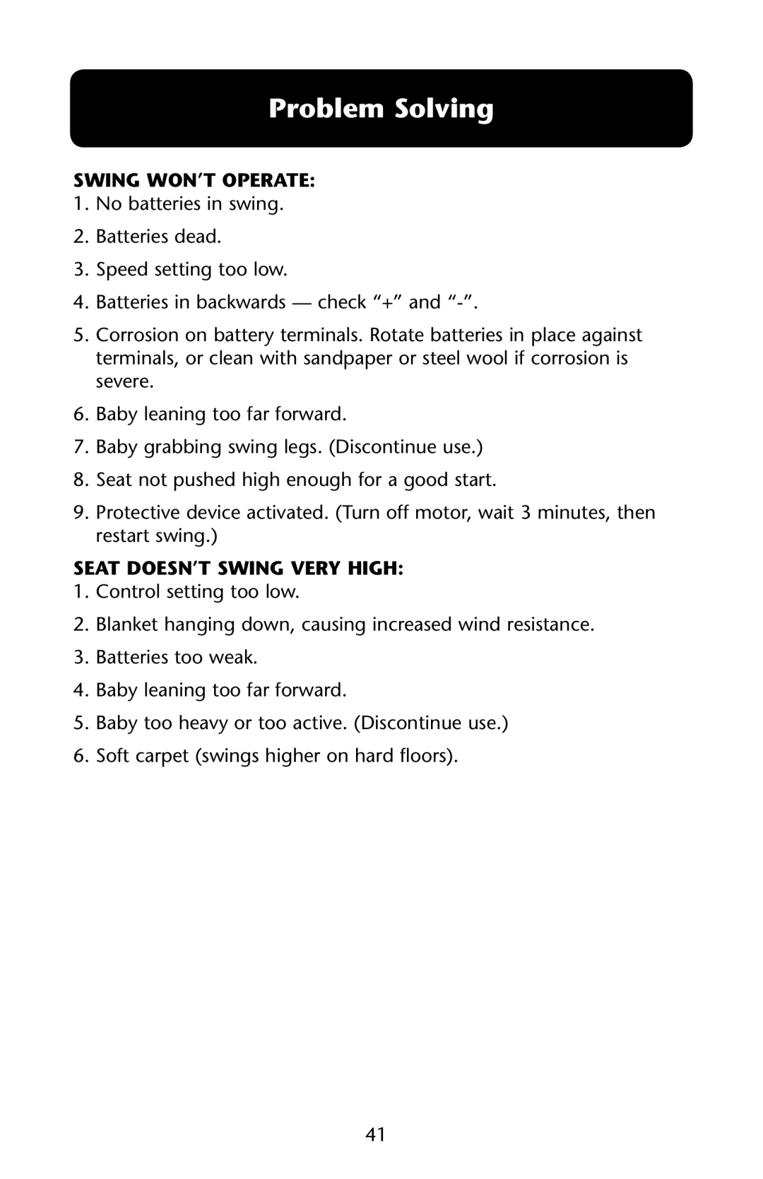 Graco PD167863A 11, PD167863A 10 owner manual Problem Solving, Swing WON’T Operate, Seat DOESN’T Swing Very High 