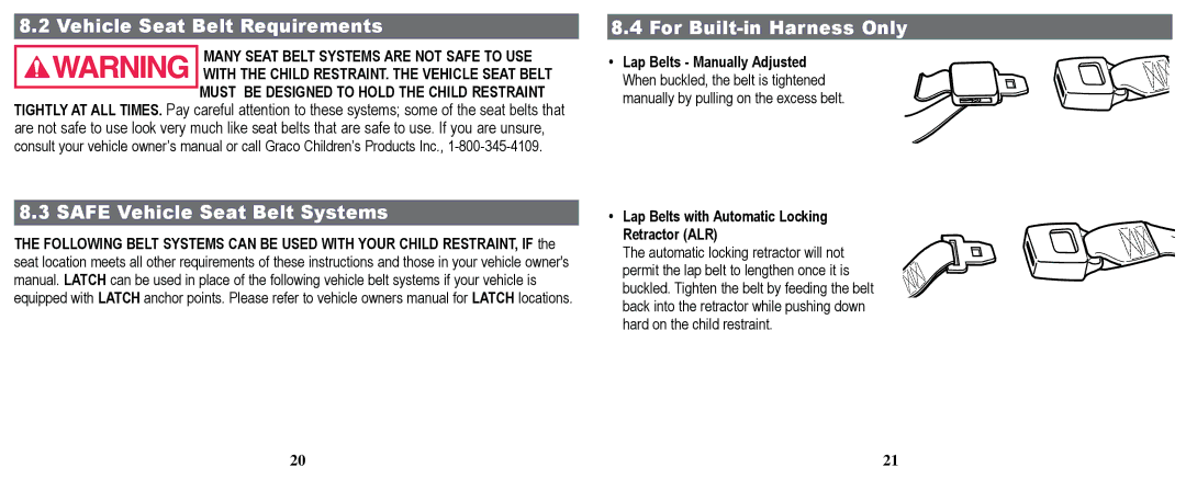 Graco PD169096A owner manual Vehicle Seat Belt Requirements, For Built-in Harness Only, Safe Vehicle Seat Belt Systems 