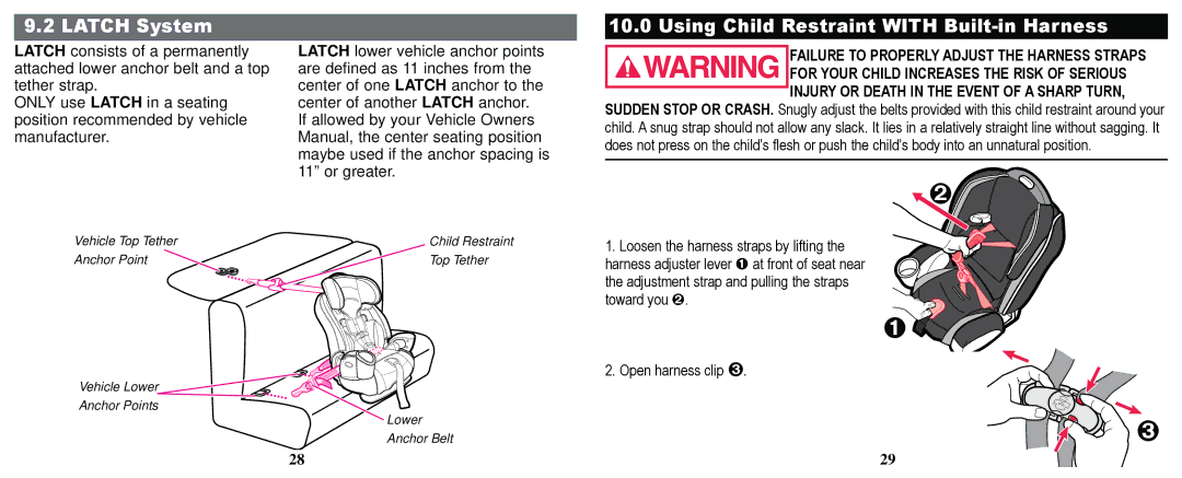 Graco PD169096A owner manual Latch System, Using Child Restraint with Built-in Harness 