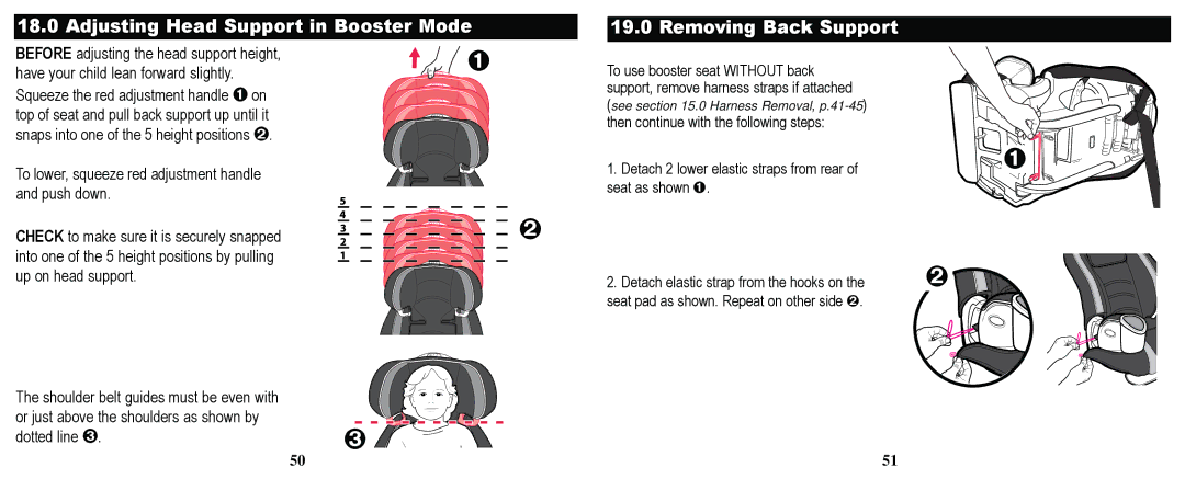 Graco PD169096A owner manual Adjusting Head Support in Booster Mode, Removing Back Support 