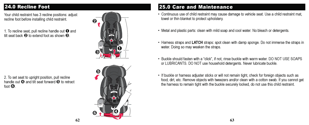 Graco PD169096A owner manual Recline Foot, Care and Maintenance 