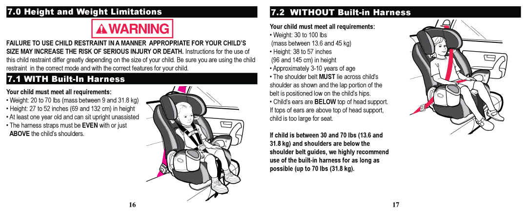 Graco PD169096A owner manual Height and Weight Limitations, With Built-In Harness, Without Built-in Harness 