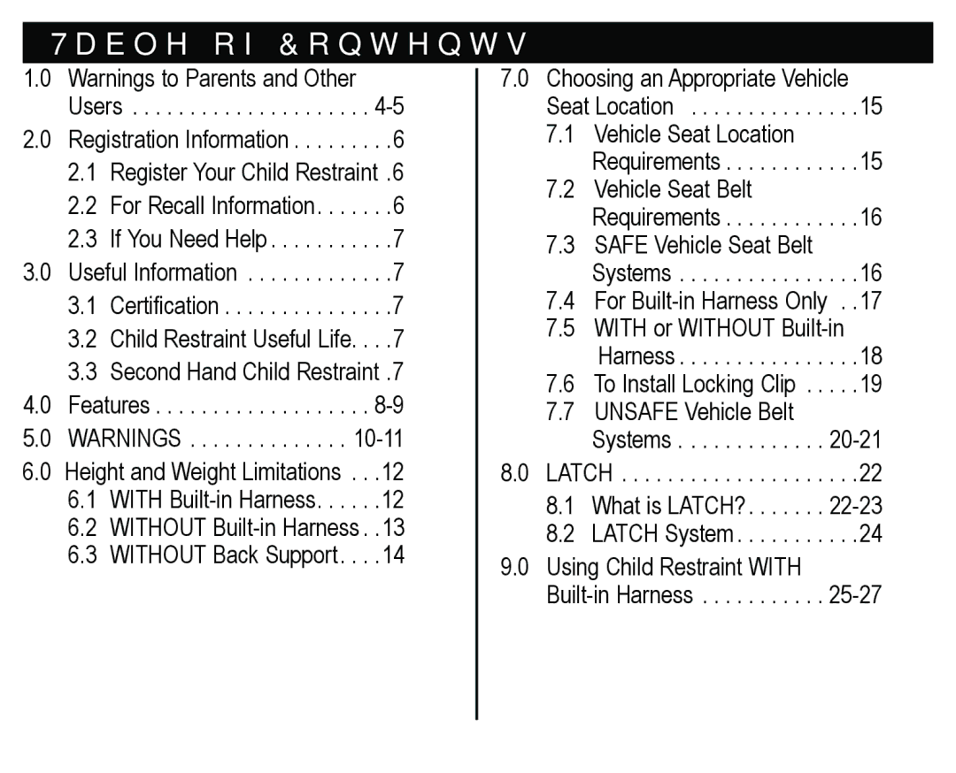 Graco PD171508A manual 7DEOHRI&RQWHQWV,  DUQLQJVWR3DUHQWVDQG2WKHU,  5HJLVWHURXU&KLOG5HVWUDLQW  