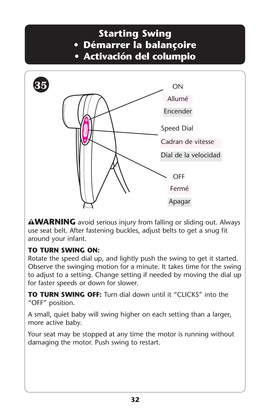 Graco PD171513B owner manual Starting Swing, To Turn Swing on 