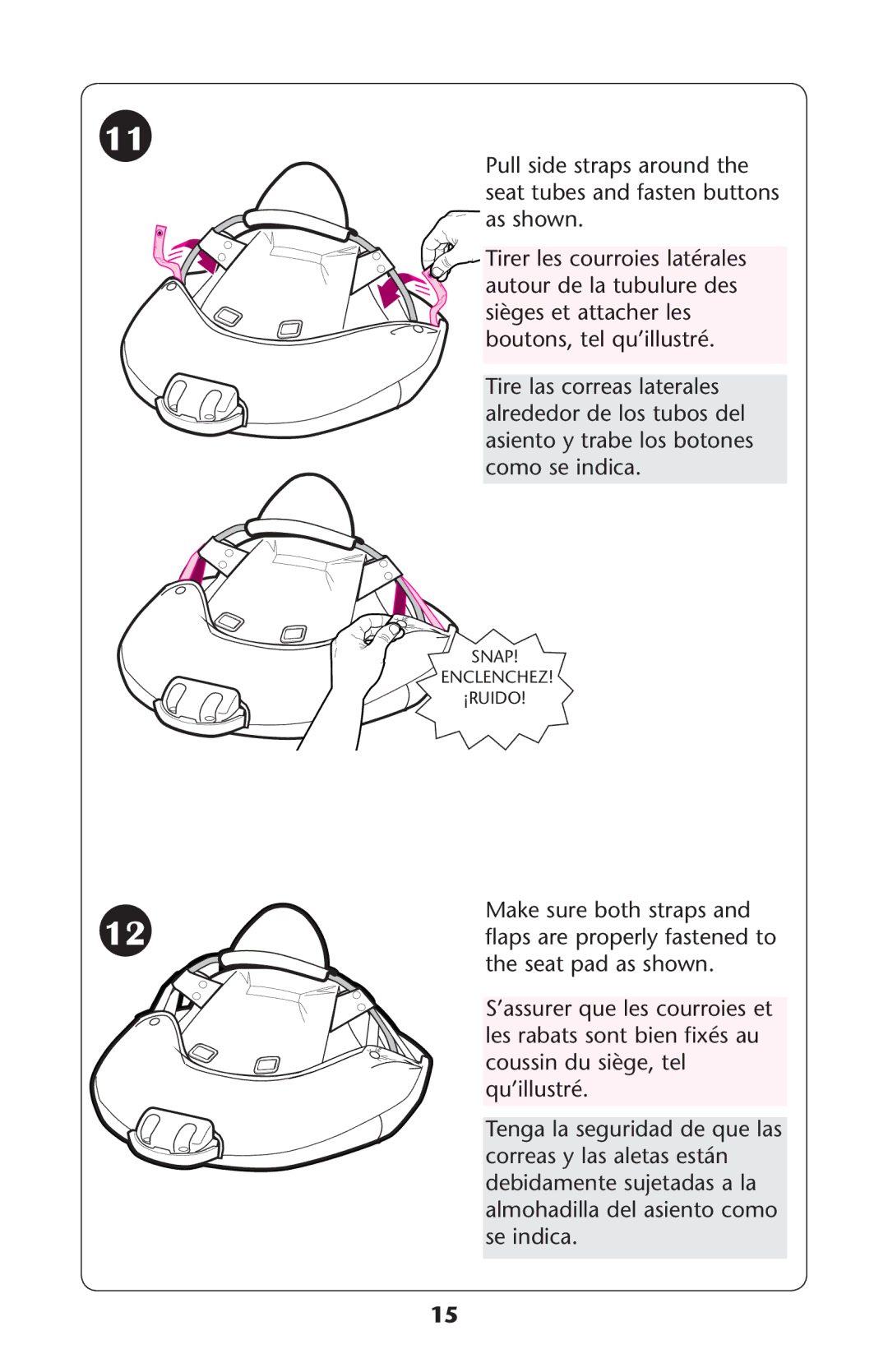 Graco PD172427C owner manual Pull side straps around the seat tubes and fasten buttons, As Shown, Boutons TELEQUILLUSTRÏ 