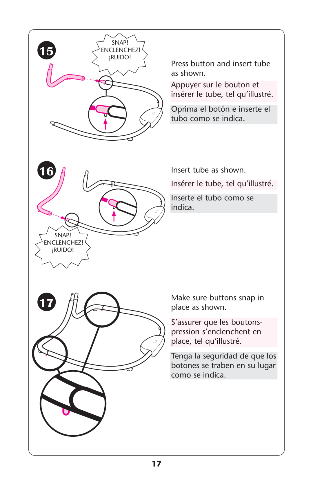 Graco PD172427C Press button and insert tube, Oprima el botón e inserte el tubo como se indica, Place TELEQUILLUSTRÏ 
