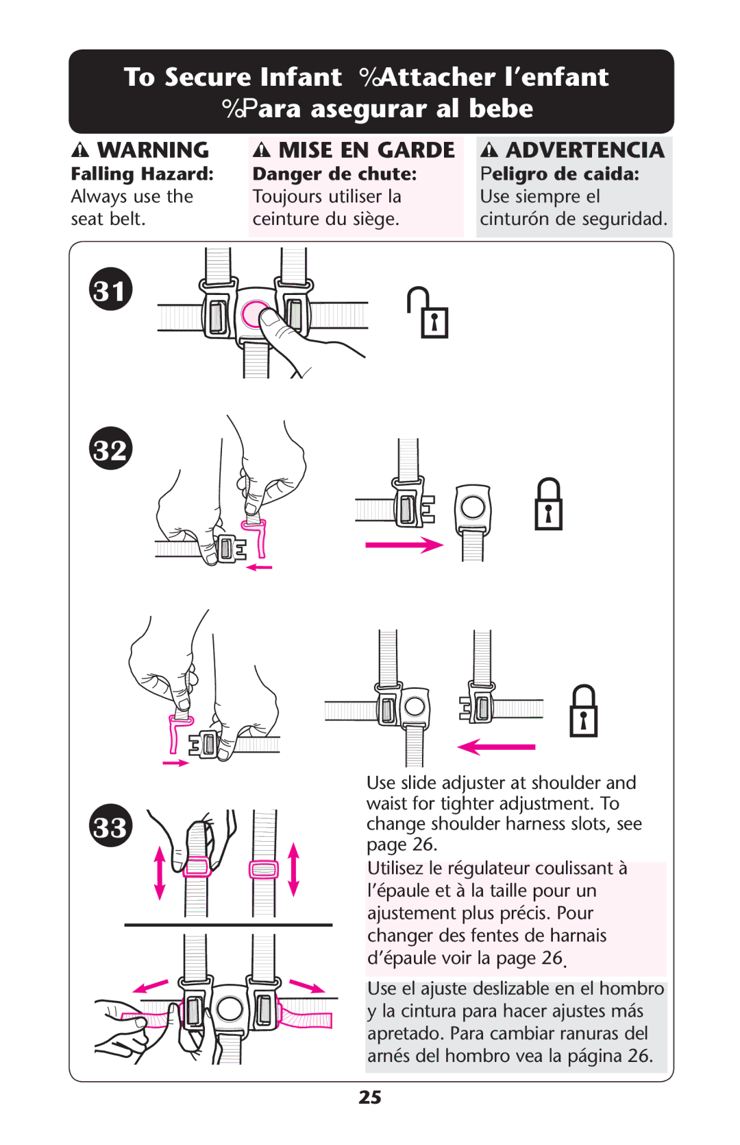 Graco PD172427C 11/11 owner manual Falling Hazard, Always use Toujours utiliser la Seat belt Ceinture du siège 