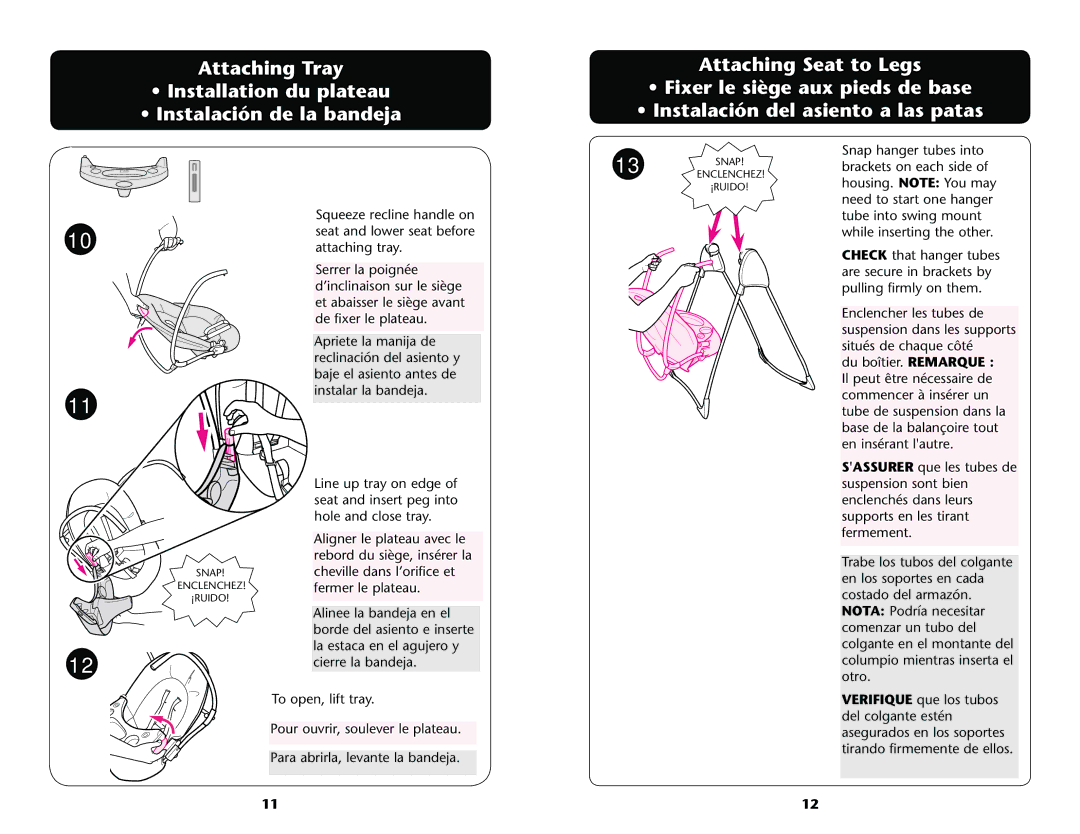 Graco PD172458B owner manual Attaching Tray, Attaching Seat to Legs, 3ERRER LA Poignïeg 