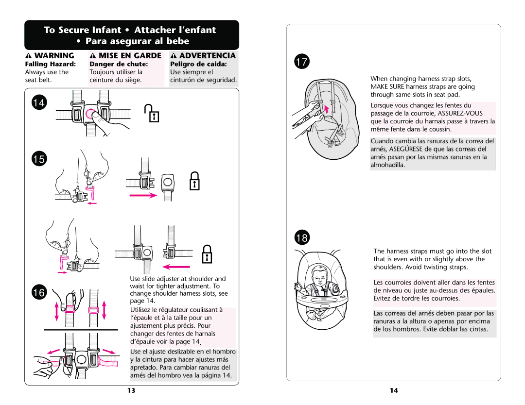 Graco PD172458B owner manual Falling Hazard Peligro de caida, Throughosame Slotsoin Seat PAD 