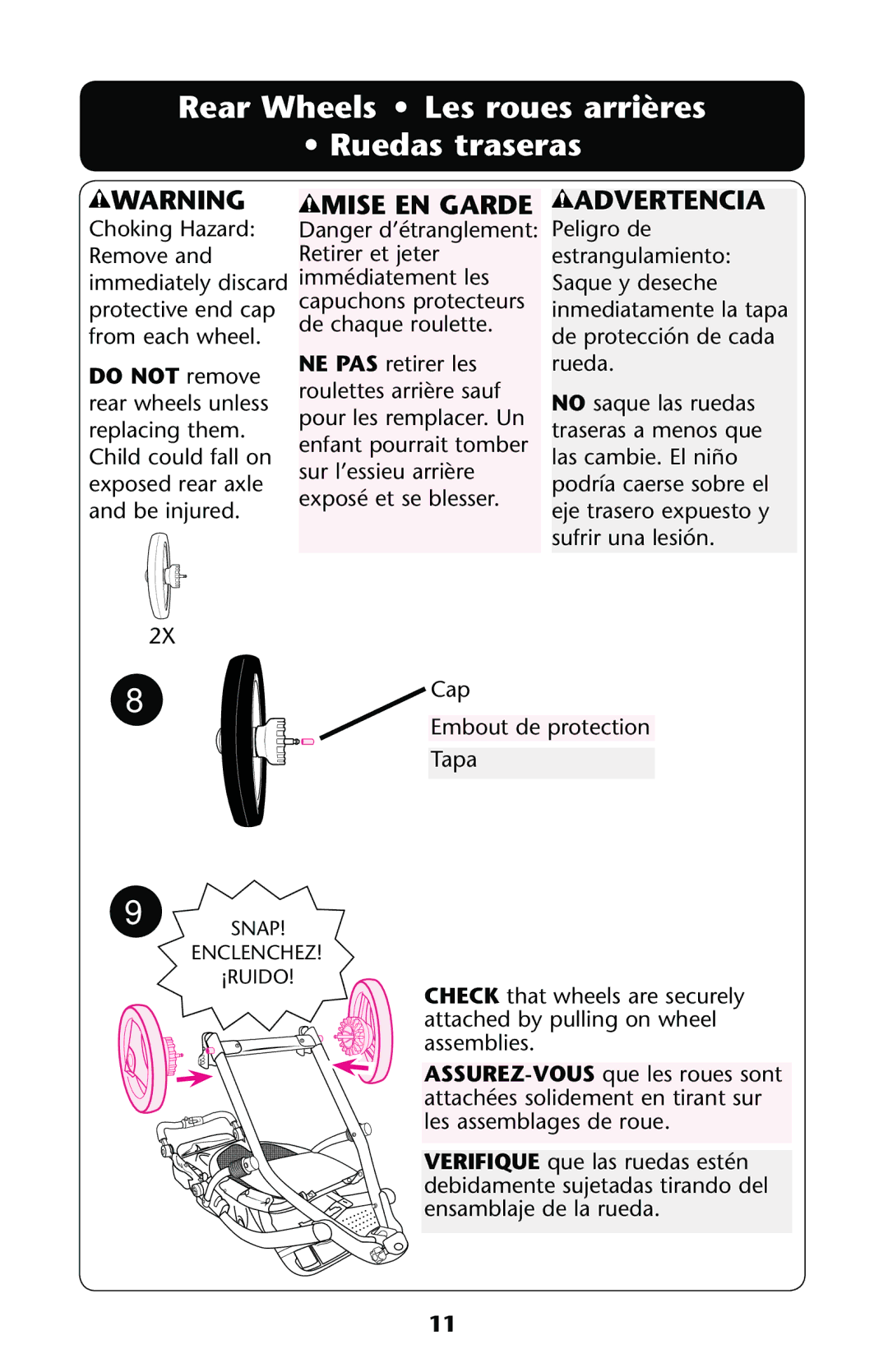 Graco PD178040A owner manual 2EAR 7HEELS ss ,ESEROUESUARRIÒRES Ss2UEDAS Traseras, 3% %. !2$% !$6%24%.# 