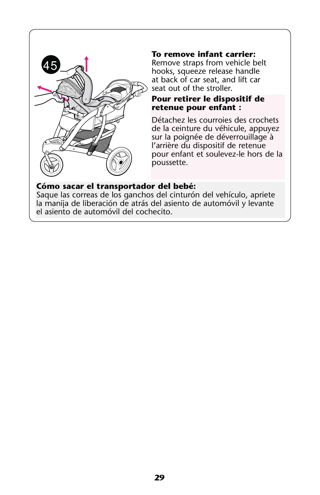 Graco PD178040A owner manual 4O Remove Infant CARRIER, Retenueepour Enfant , #ØMO Sacarcel TRANSPORTADORODELEBEBÏB 