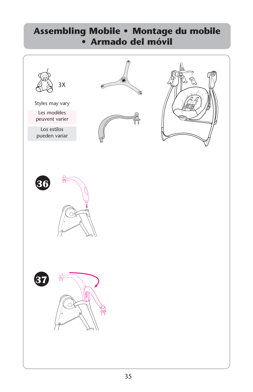 Graco LX, PD180332A owner manual Ssembling -OBILE ss -ONTAGETDU Mobile Ss !RMADO Delemøvil 