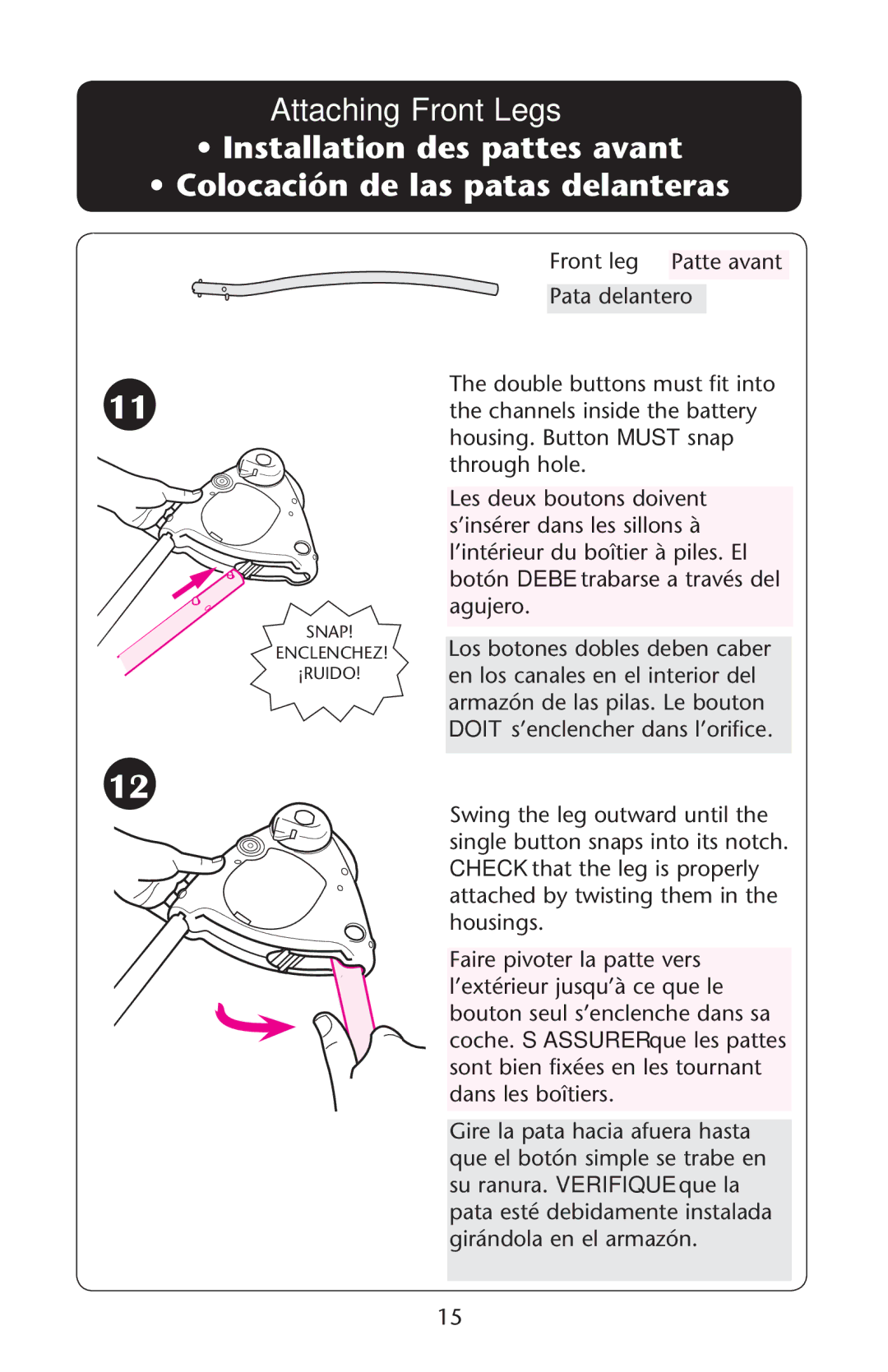 Graco PD181129A owner manual Attaching Front Legs SsNSTALLATION Desepattes Avant, Rontoleg 0ATTETAVANT 0ATA Delantero 