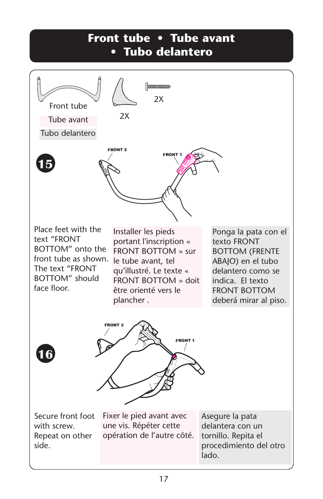 Graco PD181129A owner manual Front tube  ube avant  ubo delantero, Front tube Tube avant Tubo delantero, Bottom Frente 