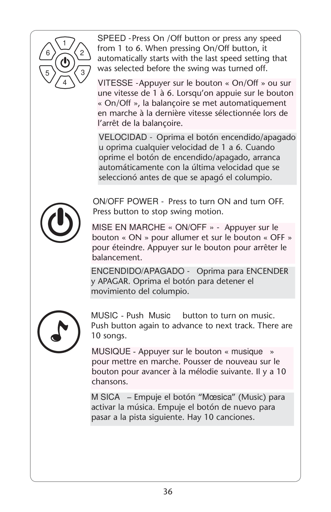 Graco PD181129A owner manual ARRÐTRDE LA Balan OIRE, Music 0USH Music Button to Turn on MUSIC, Chansons 